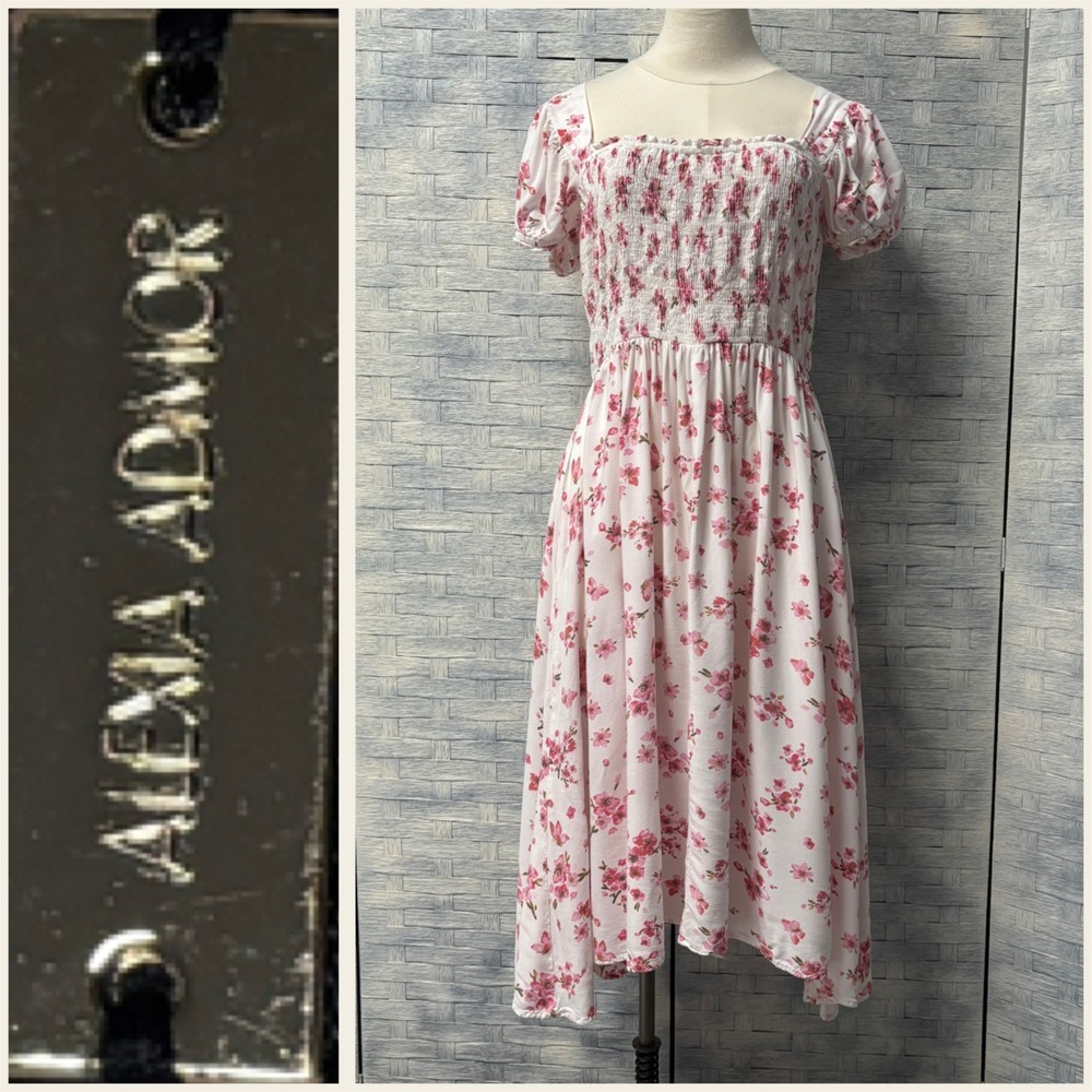 Alexia Admor White Pink Floral Smocked Puff Sleeve Midi‎ Dress Size 8